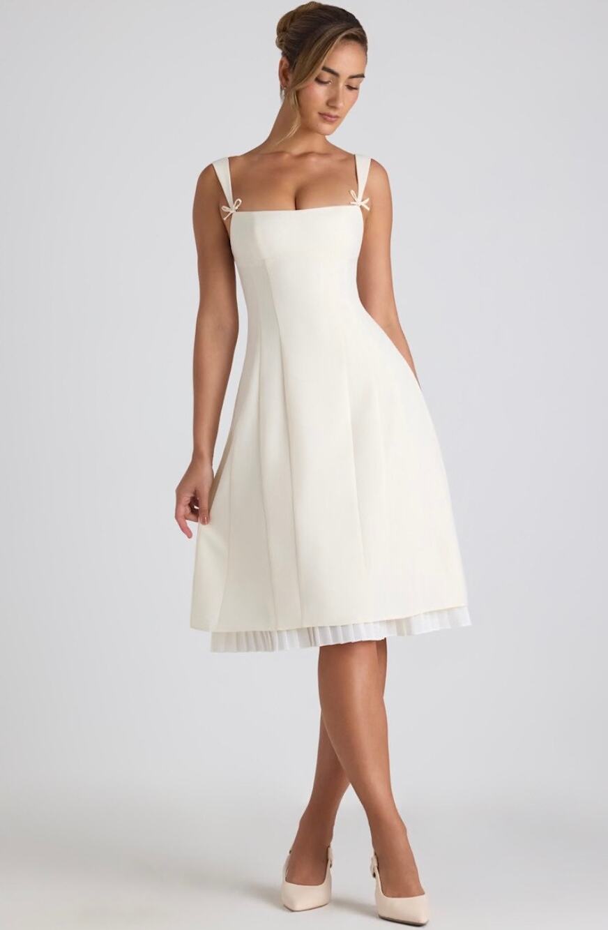 Oh Polly Isadora Bow-Detail Pleated A-Line Midi Dress in Ivory Size 6 New